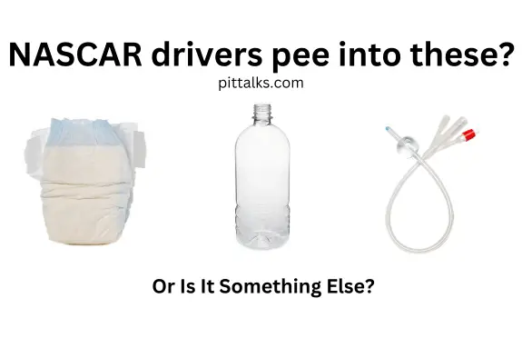 diaper, bottle, and catheter lined up together to illustrate possible options for a nascar driver to pee into