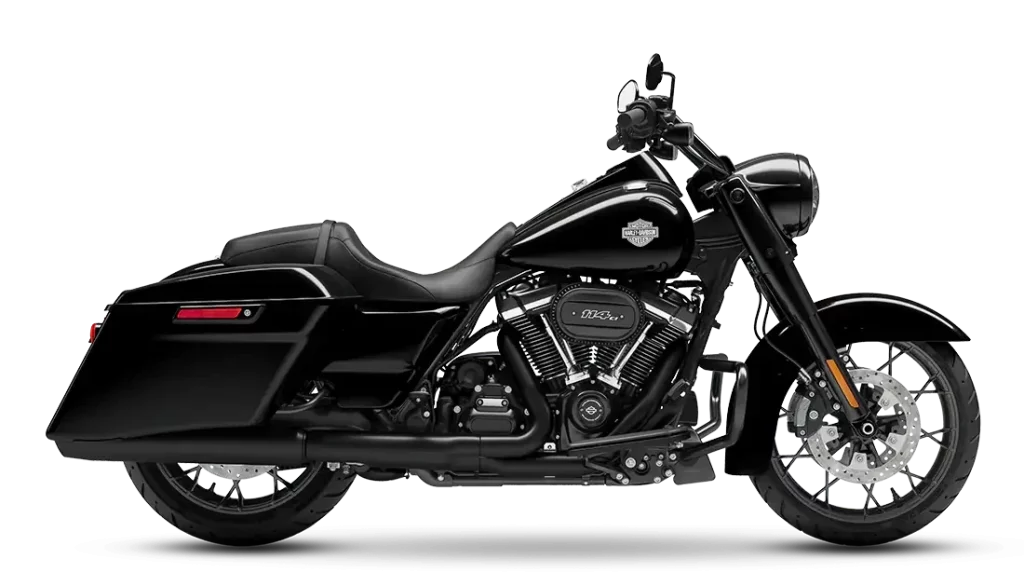 Here's a black Road King from Harley Davidson. It has hard sidecases and a Milwaukee Eight engine.