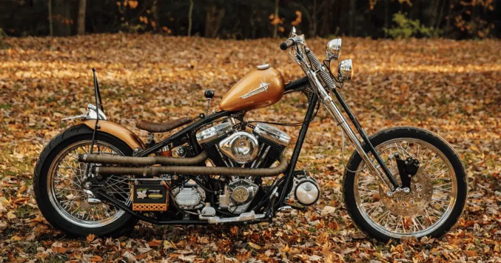 Custom Harley chopper sporting its early edition Evolution motor