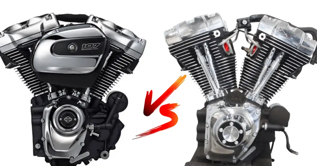 Harley 103 and 107 engines posed opposite each other against a white background